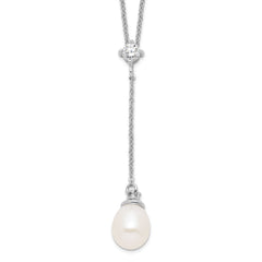 Sterling Silver Rhodium-plated 8-9mm White FWC Pearl CZ Drop Necklace