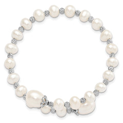 Sterling Silver 925 Pearl Wrap Bracelet with Rhodium-Plated Diamond Cut Beads