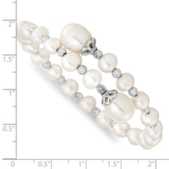 Sterling Silver 925 Pearl Wrap Bracelet with Rhodium-Plated Diamond Cut Beads