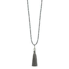 Sterling Silver Beaded Necklace with Green Glass & Tassel