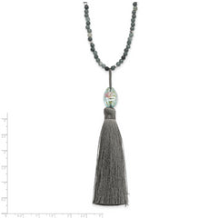 Sterling Silver Beaded Necklace with Green Glass & Tassel