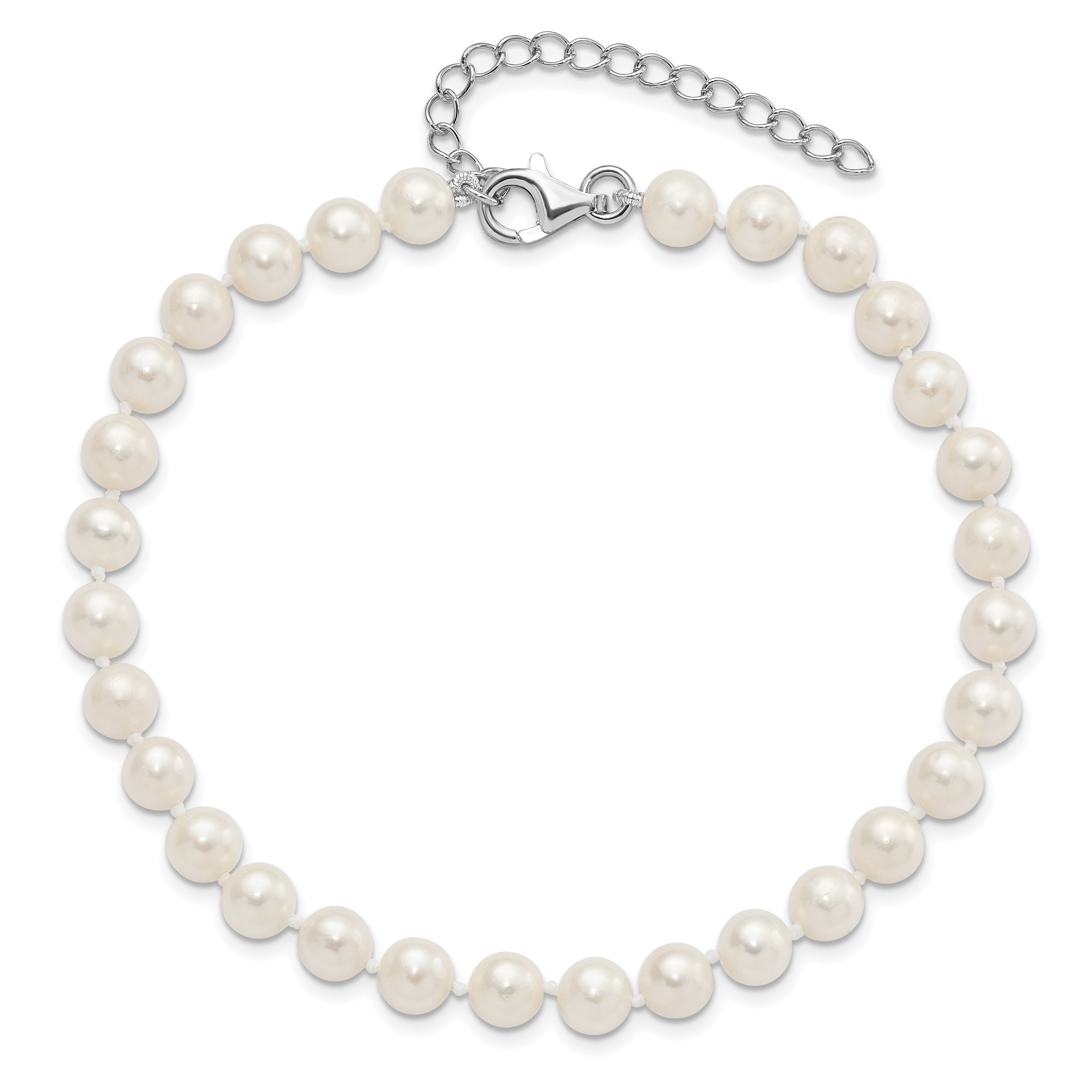 Sterling Silver Rh-plated 6-7mm FWC Pearl w/2in Ext Anklet