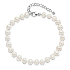 Sterling Silver Rh-plated 7-8mm FWC Pearl CZ w/2in Ext Anklet