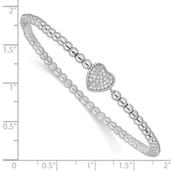 Sterling Silver Rhodium-plated Polished Beaded CZ Heart Stretch Bracelet