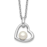 Sterling Silver Rhodium-plated Heart with 4-5mm White Button Freshwater Cultured Pearl 17 inch Necklace