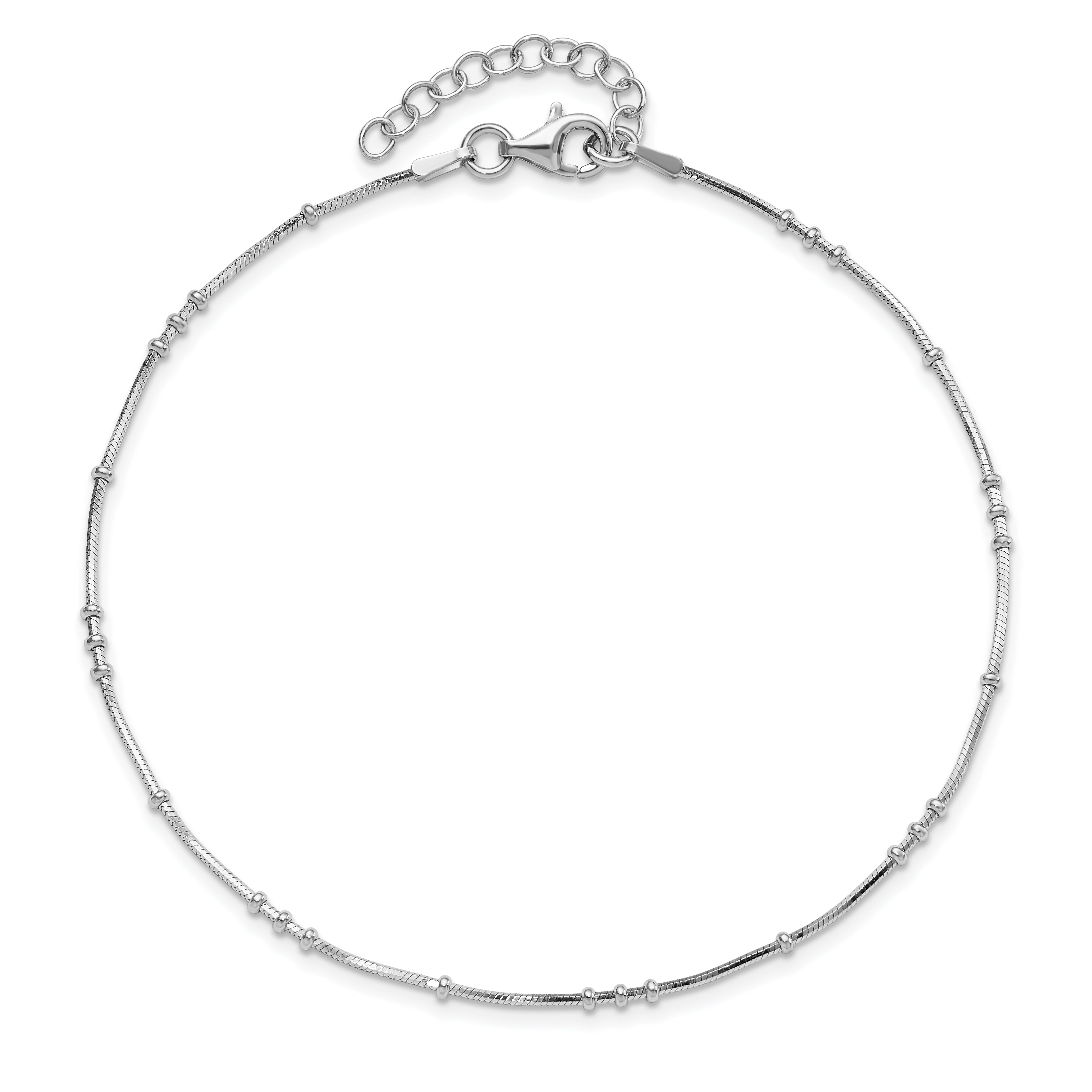 Sterling Silver Rhodium-plated Polished Beaded w/ 1in ext. Anklet