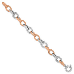 Sterling Silver Rose-tone Polished & Woven Link Bracelet