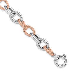 Sterling Silver Rose-tone Polished & Woven Link Bracelet