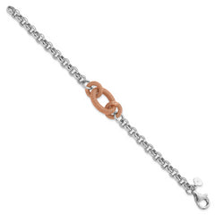 Sterling Silver Rose-tone Polished & Textured Link Bracelet