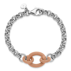Sterling Silver Rose-tone Polished & Textured Link Bracelet