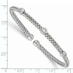 Sterling Silver 925 Flexible Woven Cuff with CZ Rhodium-Plated Elegance