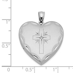 Sterling Silver RH-plated 24mm Satin & Diamond Cut With Diamond Cross Heart Locket