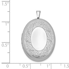 Sterling Silver Rhodium-plated 26mm Leaf Border Oval Locket