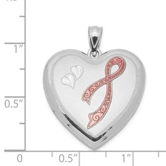 Sterling Silver Rhodium-plated 24mm Enameled Diamond Cut Pink Ribbon Heart Locket