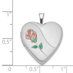Sterling Silver Rhod-plated 20mm Satin, Enamel, Diamond Cut Floral Heart Locket