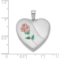 Sterling Silver Rhodium-plated 24mm Satin Enameled & Diamond Cut Rose Locket