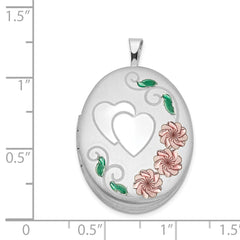 Sterling Silver Rhod-plated Satin Enamel & Diamond Cut Floral & Heart Oval Locket