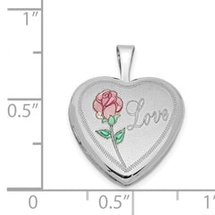 Sterling Silver Rhodium-plated 16mm Enameled & Diamond Cut Love Heart Locket