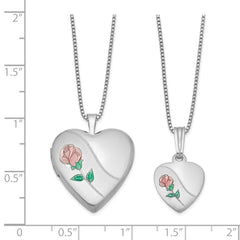 Sterling Silver Rhodium-plated Polished & Satin Enameled Rose Heart Mother & Daughter Locket & Pendant Necklace Set
