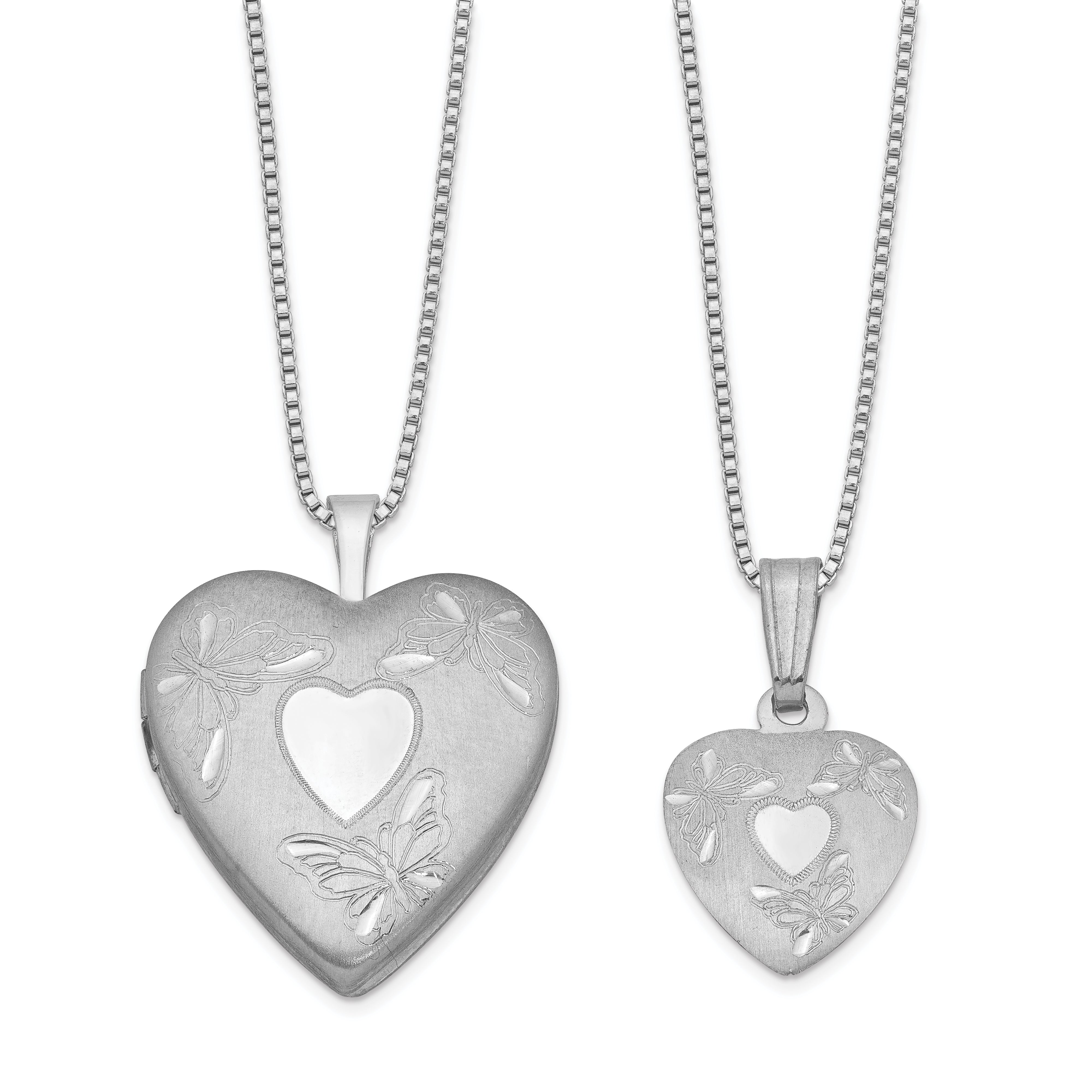 Sterling Silver Rhodium-plated Polished & satin Butterfly Heart 18in Locket Necklace and 14in Pendant Necklace Set