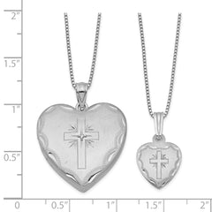 Sterling Silver Rhodium-plated Satin Diamond Cut 18in Diamond Cross Heart Locket Necklace & 14in Cross Heart Pendant Necklace Set