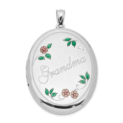 Sterling Silver Rhod-plated Enameled Floral Grandma 34mm Oval Locket