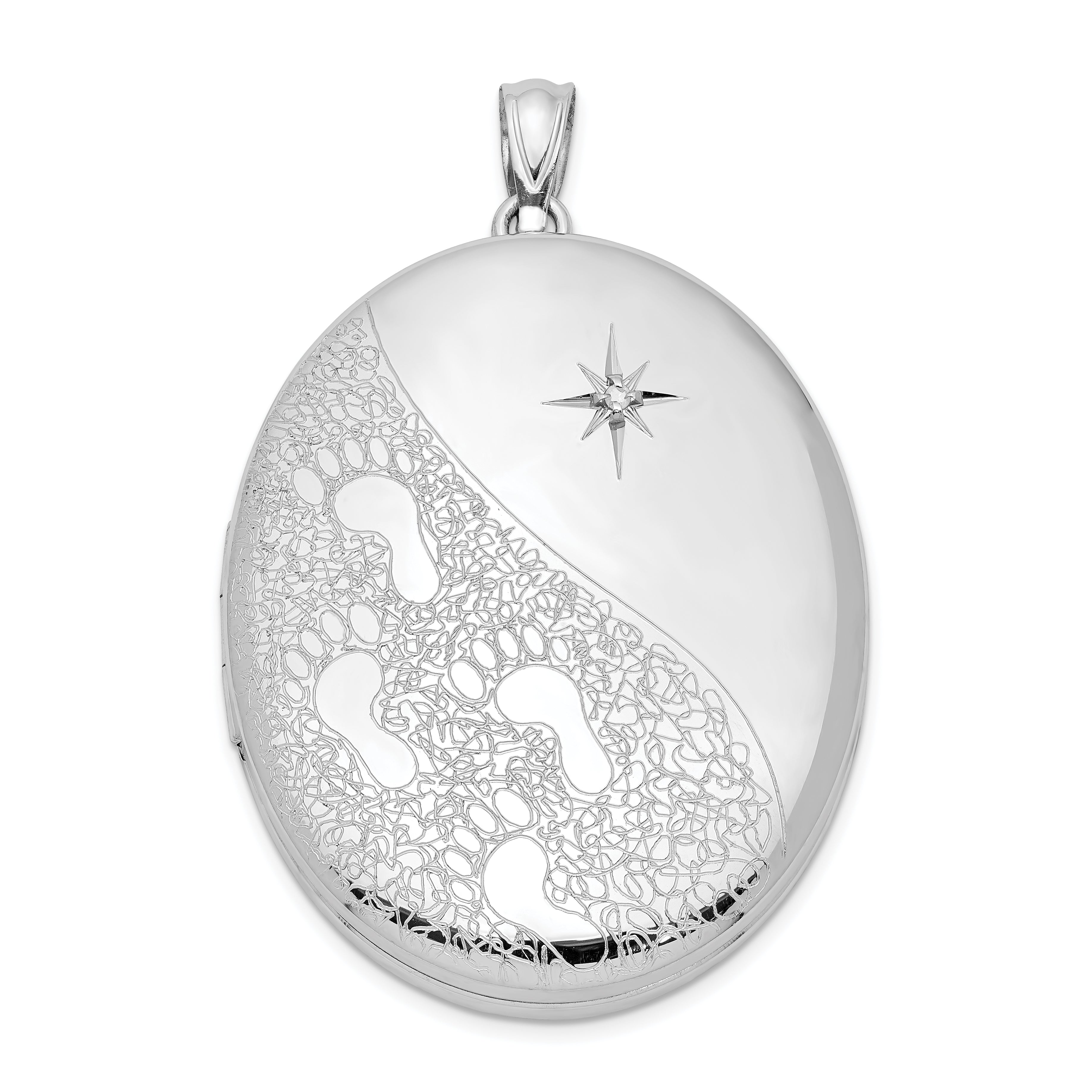 Sterling Silver Rhodium-plated & Diamond Footprints 34mm Oval Locket