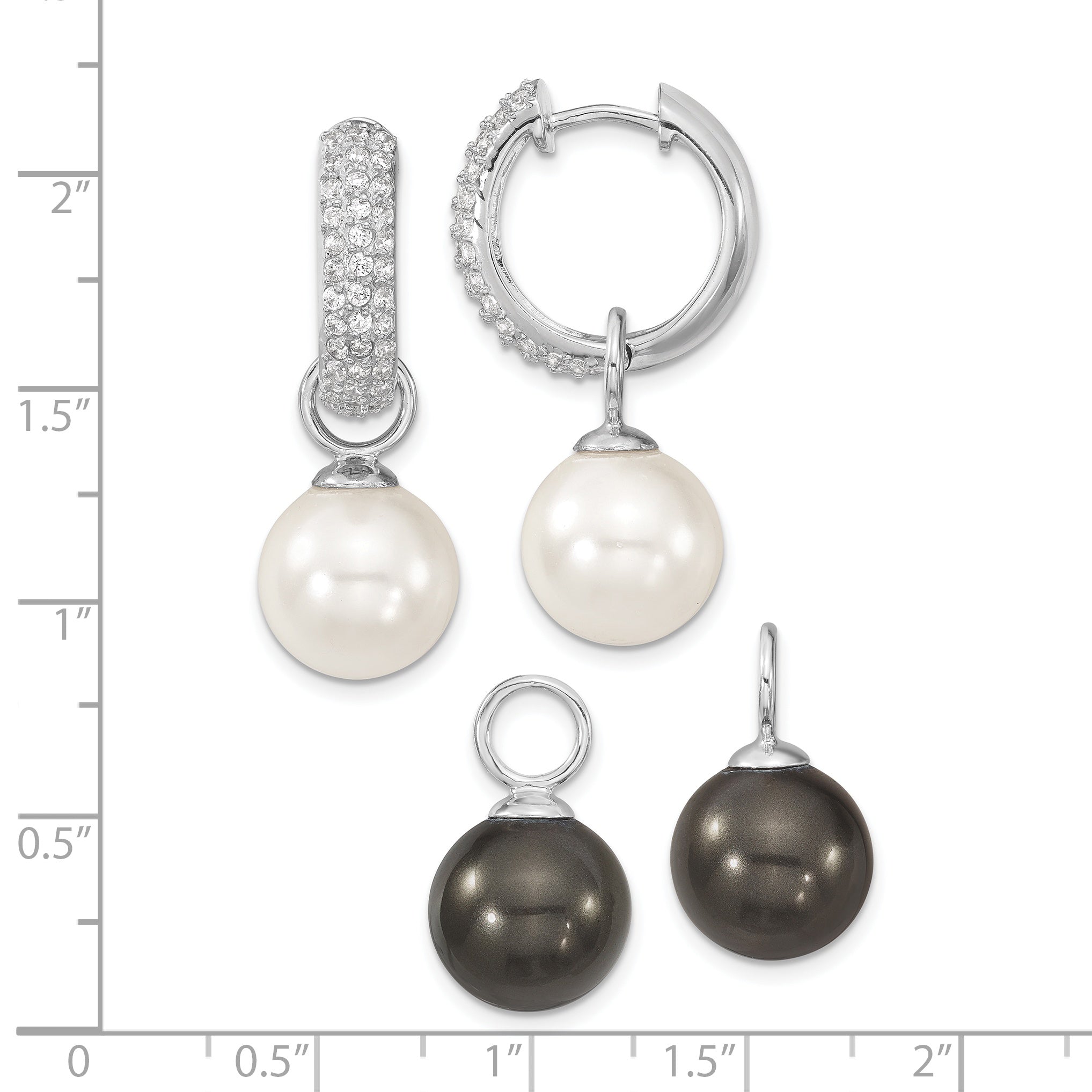 Majestik Sterling Silver Rhodium-plated CZ 12-13mm Black and White Interchangeable Shell Pearl Hinged Hoop Earrings