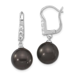 Majestik Sterling Silver Rhodium-plated 10-11mm Black Imitation Shell Pearl CZ Hinged Post Dangle Earrings