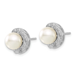 Sterling Silver Shell Pearl & CZ Earrings with Elegant Polished Finish