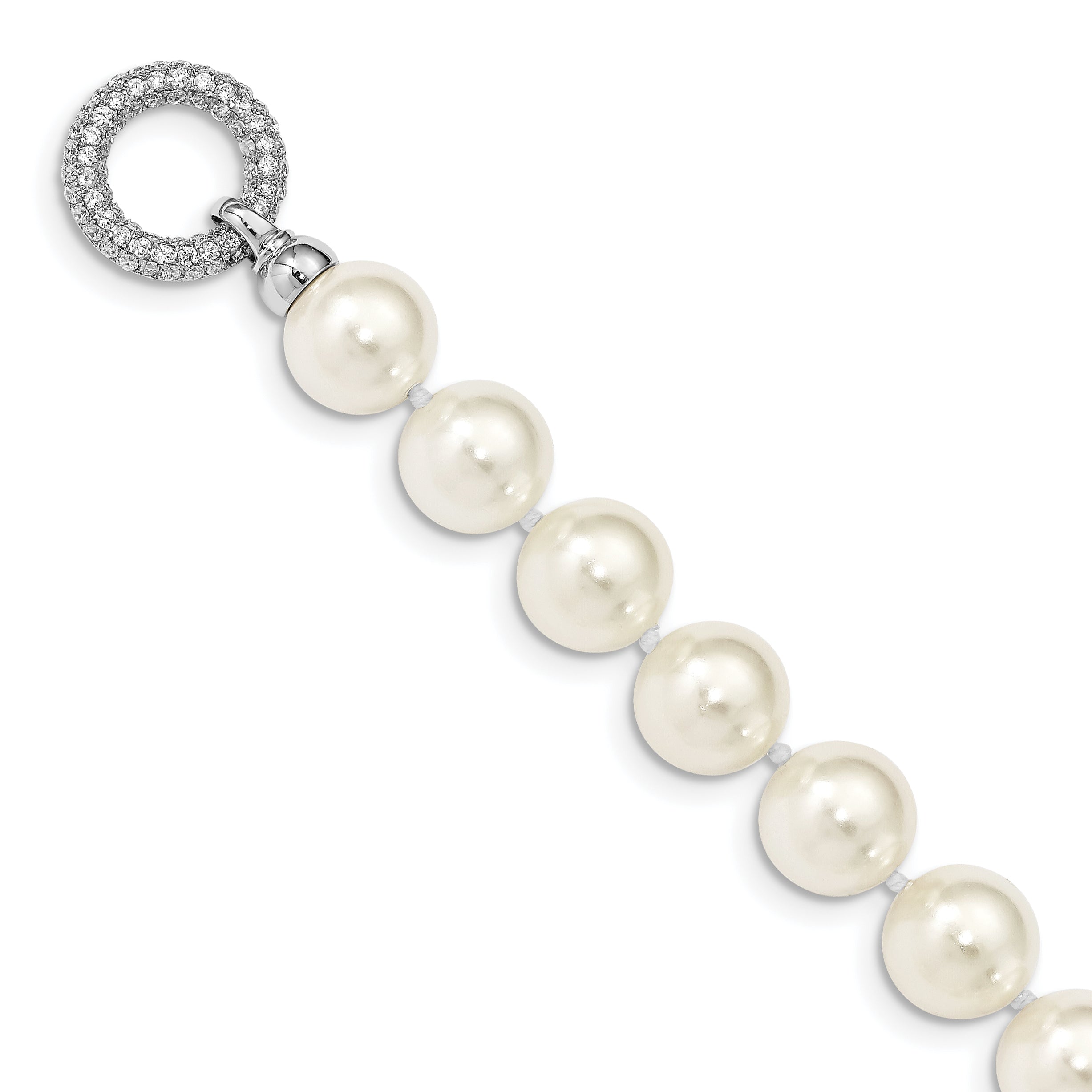 Majestik Sterling Silver Rhodium-plated 12-13 White Imitation Shell Pearl Hand-knotted CZ Fancy Clasp Necklace