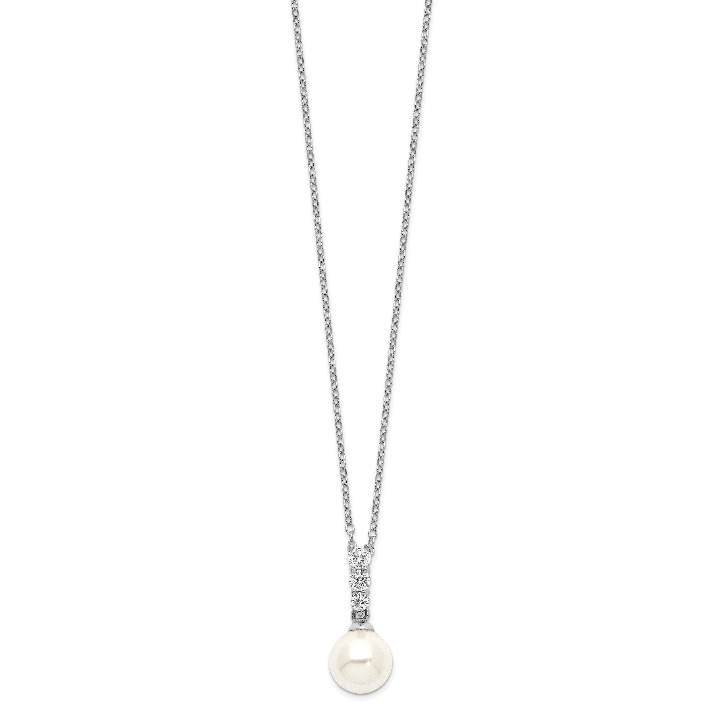 Majestik Sterling Silver Rhodium-plated 8-9mm Imitation Shell Pearl CZ Spring Ring Clasp 17 inch Necklace