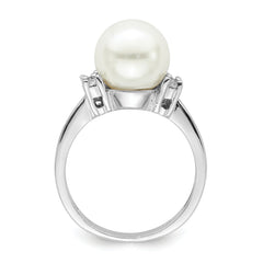 Majestik Sterling Silver Rhodium-plated 10-11mm White Imitation Shell Pearl and CZ Ring