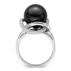 Majestik Sterling Silver Rhodium-plated 12-13mm Black Imitation Shell Pearl and CZ Ring