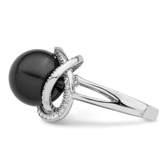 Majestik Sterling Silver Rhodium-plated 12-13mm Black Imitation Shell Pearl and CZ Ring