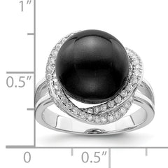 Majestik Sterling Silver Rhodium-plated 12-13mm Black Imitation Shell Pearl and CZ Ring
