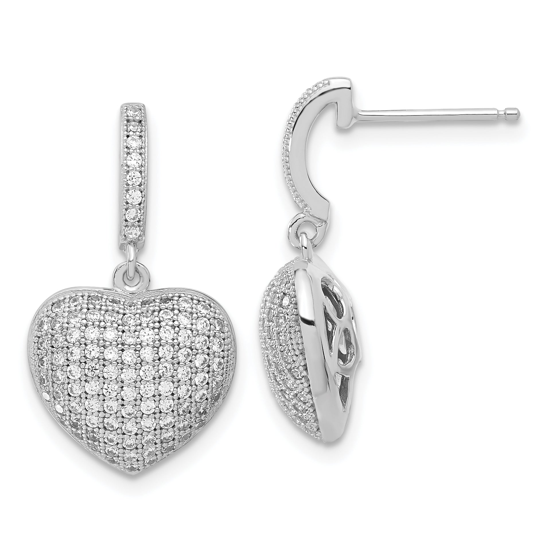 Sterling Silver & CZ Brilliant Embers Polished Heart Dangle Post Earrings