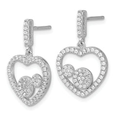 Sterling Silver CZ Heart Dangle Earrings with Polished Rhodium Finish