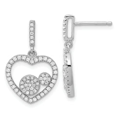 Sterling Silver Brilliant Embers Polished CZ Heart Dangle Post Earrings