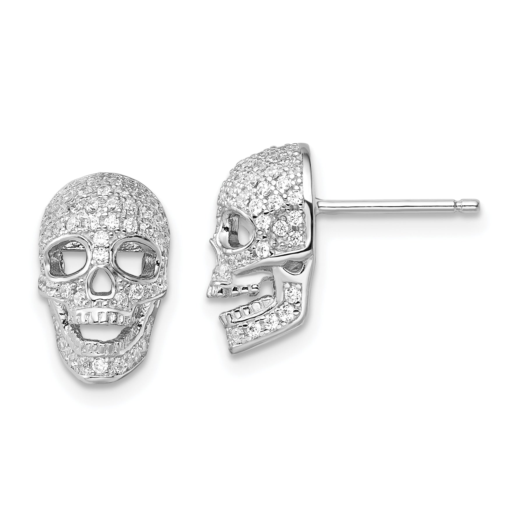 Brilliant Embers Sterling Silver Rhodium-plated 140 Stone Micro Pav‚ CZ Polished Skull Post Earrings