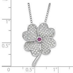 Sterling Silver CZ & Red Corundum Clover Necklace Elegant 925 Polished Finish