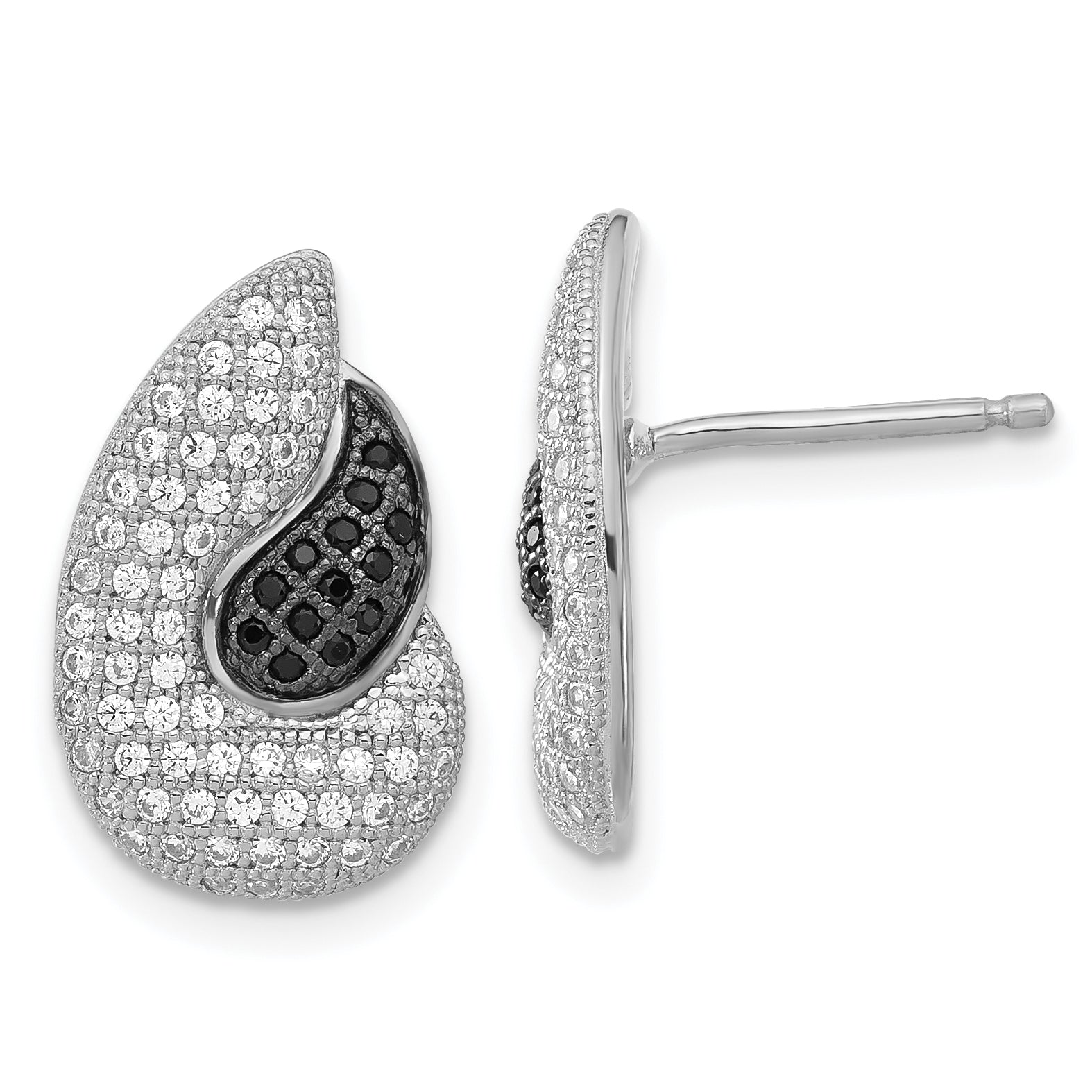 Sterling Silver True Fire Polished Black & Clear CZ Teardrops Post Earrings