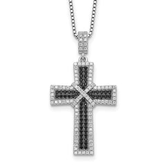 Brilliant Embers Sterling Silver Rhodium-plated 156 Stone 18 inch Black and White Micro Pav‚ CZ Polished Cross Necklace with 2 Inch Extender