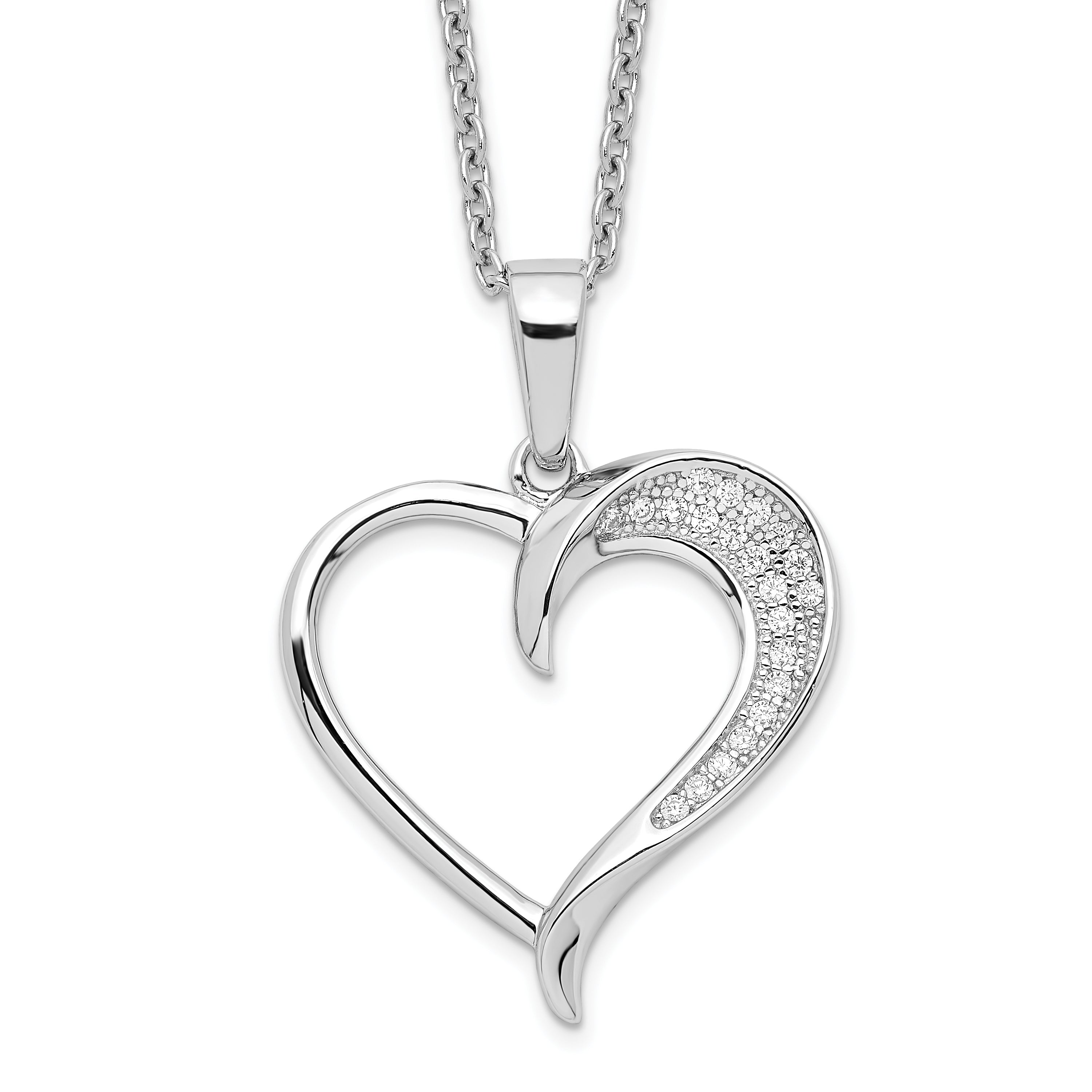 Brilliant Embers Sterling Silver Rhodium-plated 21 Stone 18 inch Micro Pav‚ CZ Polished Heart Necklace with 2 Inch Extender