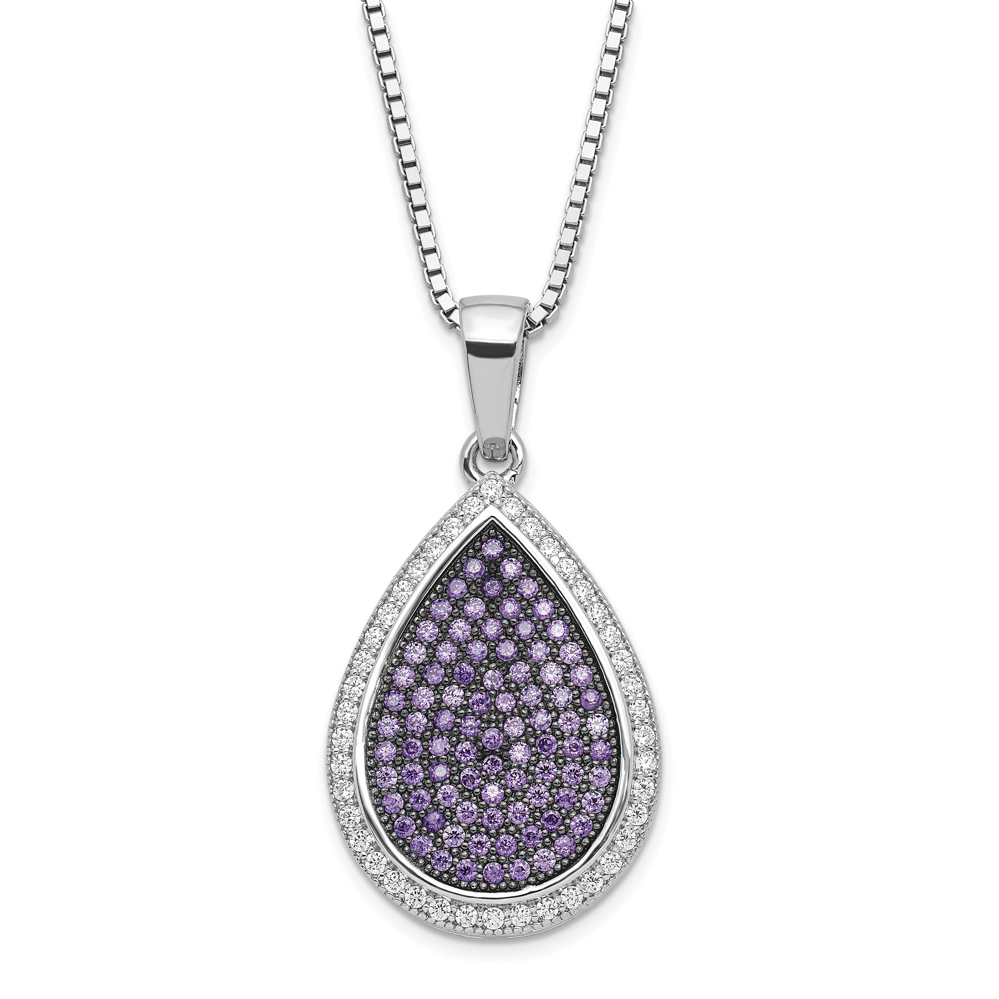Sterling Silver Rhod-Plated Purple & Clear CZ Teardrop Necklace