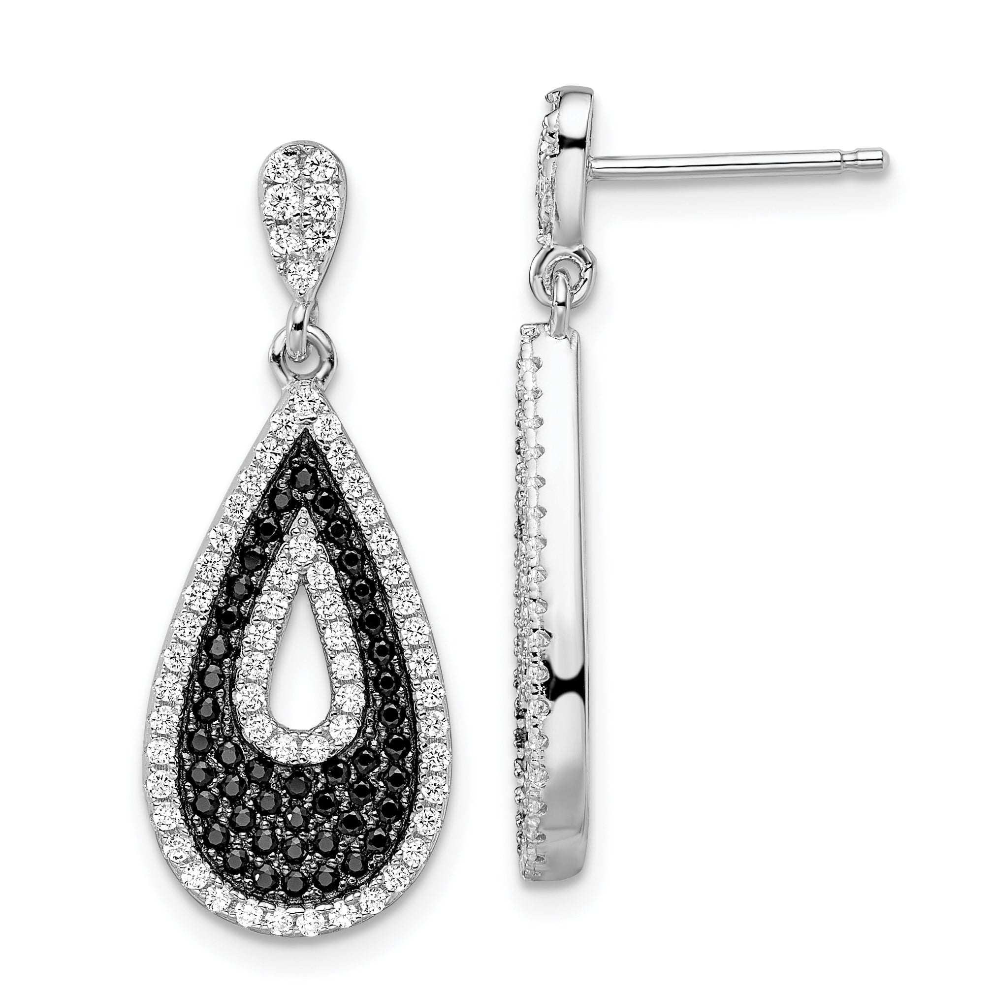 Brilliant Embers Sterling Silver Rhodium-plated 212 Micro Pav‚ Black and White CZ Teardrop Dangle Post Earrings