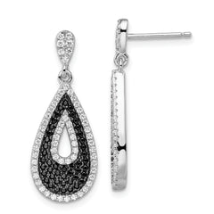 Brilliant Embers Sterling Silver Rhodium-plated 212 Micro Pav‚ Black and White CZ Teardrop Dangle Post Earrings
