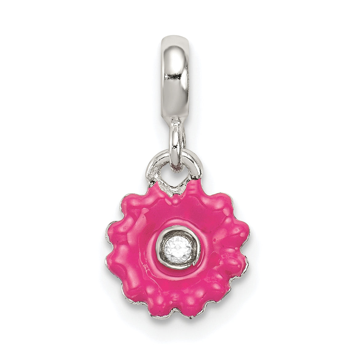 Sterling Silver Hot Pink Enamel Flower w/ CZ Enhancer
