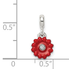 Sterling Silver Red Enameled Flower With CZ Enhancer