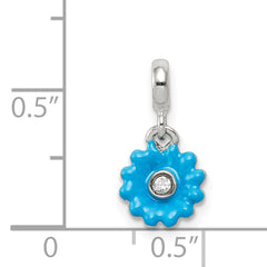 Sterling Silver Blue Enamel Flower With CZ Enhancer